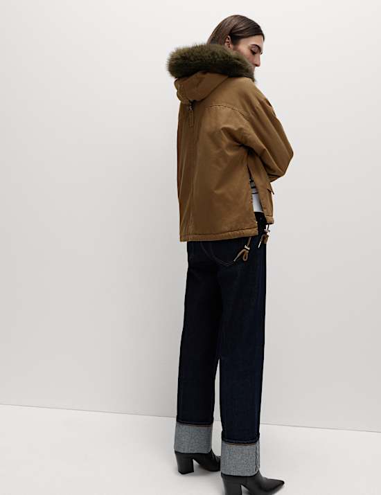 Pure Cotton Faux Fur Trim Parka Coat