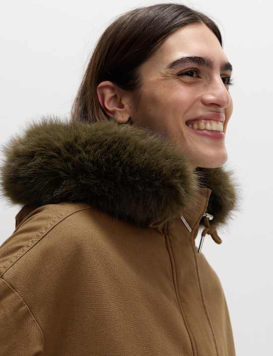Pure Cotton Faux Fur Trim Parka Coat