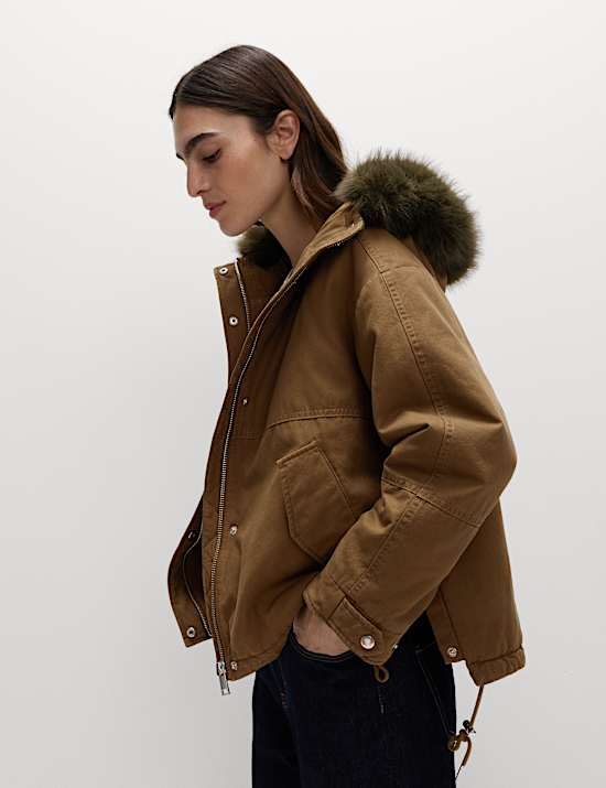 Pure Cotton Faux Fur Trim Parka Coat