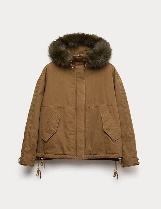 Pure Cotton Faux Fur Trim Parka Coat