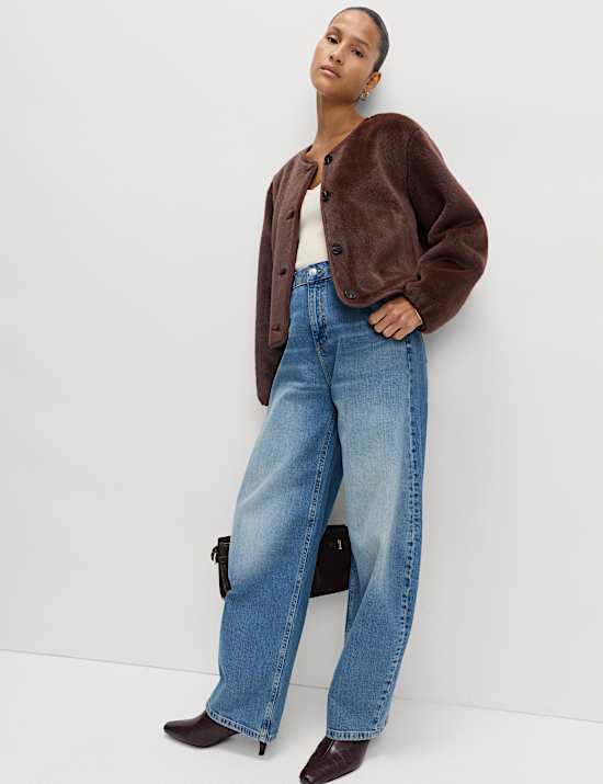 Faux Fur Collarless Relaxed Fit Jacket