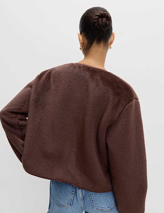 Faux Fur Collarless Relaxed Fit Jacket