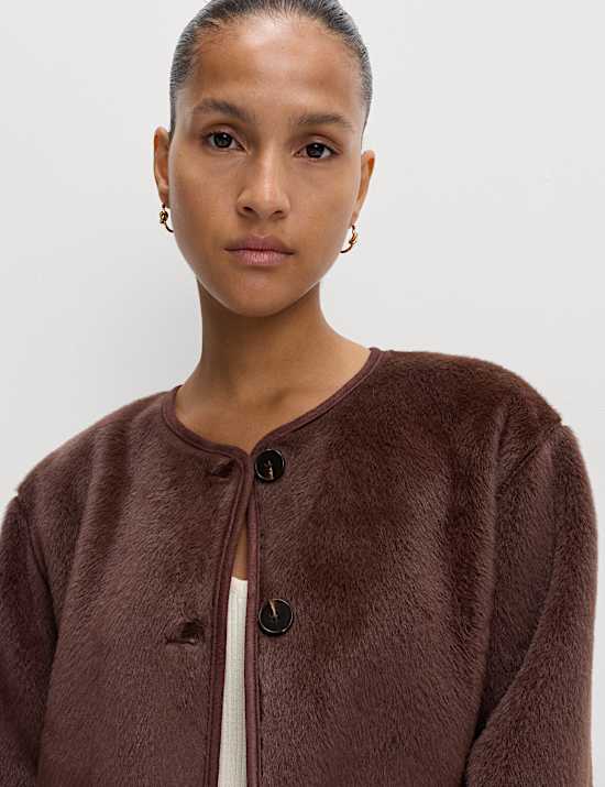 Faux Fur Collarless Relaxed Fit Jacket