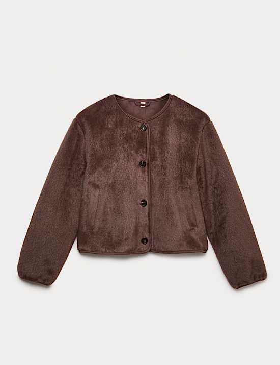 Faux Fur Collarless Relaxed Fit Jacket