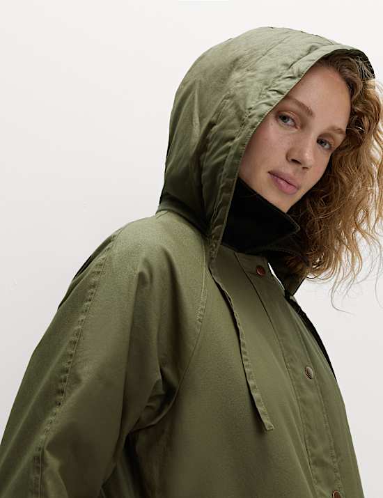 Pure Cotton Waxed Hooded Longline Car Coat
