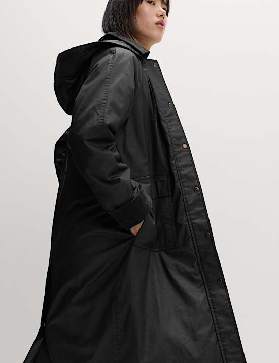 Pure Cotton Waxed Hooded Longline Car Coat