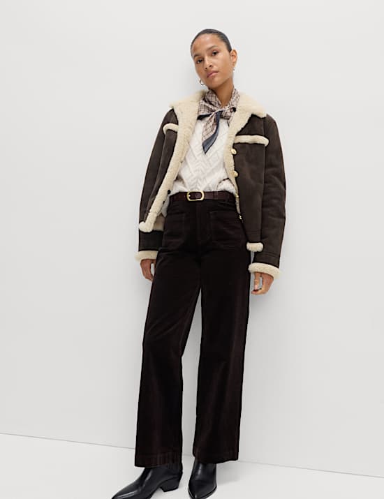 Faux Shearling Suedette Collared Button Aviator Jacket