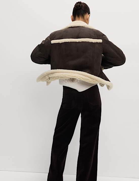 Faux Shearling Suedette Collared Button Aviator Jacket