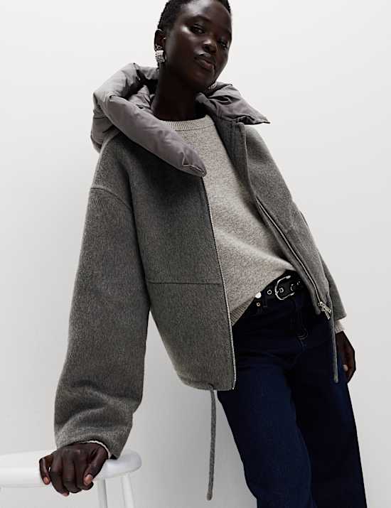 Wool Blend Textured Padded Hood Jacket