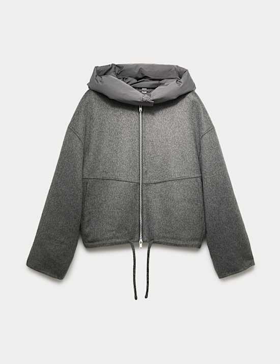Wool Blend Textured Padded Hood Jacket