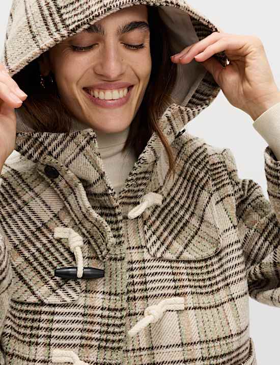 Houtje-touwtjejas met capuchon, ruitmotief en wol