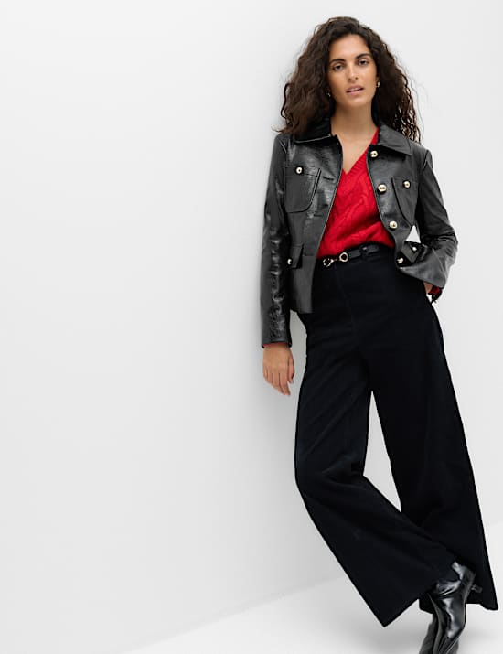 Faux Leather High Shine Collared Jacket