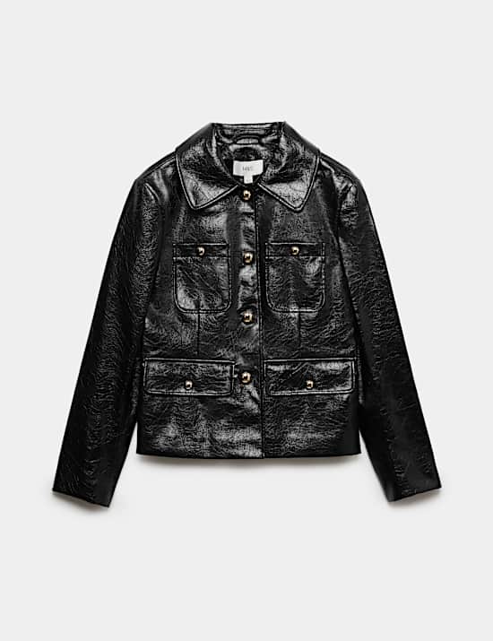 Faux Leather High Shine Collared Jacket