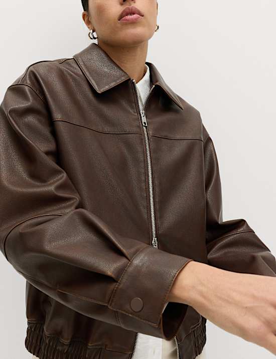 Faux Leather Aged Collared Bomber Jacket