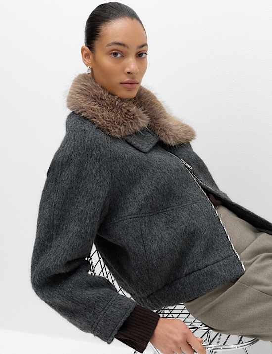 Wool Blend Faux Fur Trim Bomber Jacket