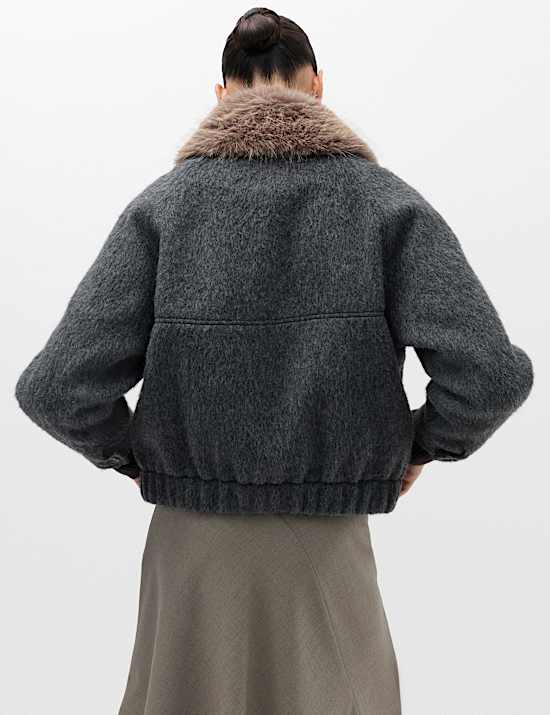 Wool Blend Faux Fur Trim Bomber Jacket