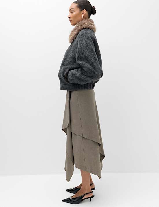 Wool Blend Faux Fur Trim Bomber Jacket