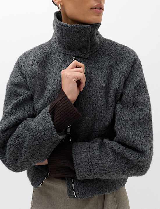 Wool Blend Faux Fur Trim Bomber Jacket