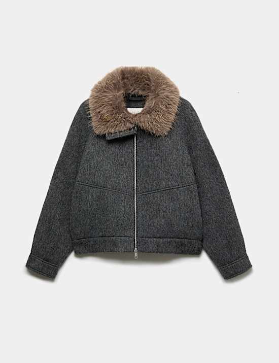 Wool Blend Faux Fur Trim Bomber Jacket