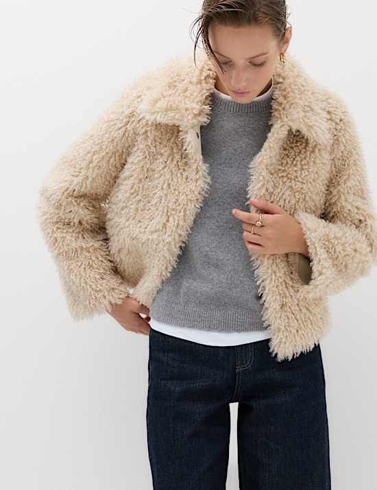 Faux Fur Textured Collared Short Jacket