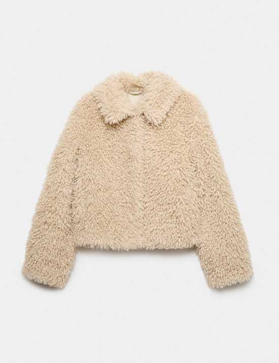 Faux Fur Textured Collared Short Jacket