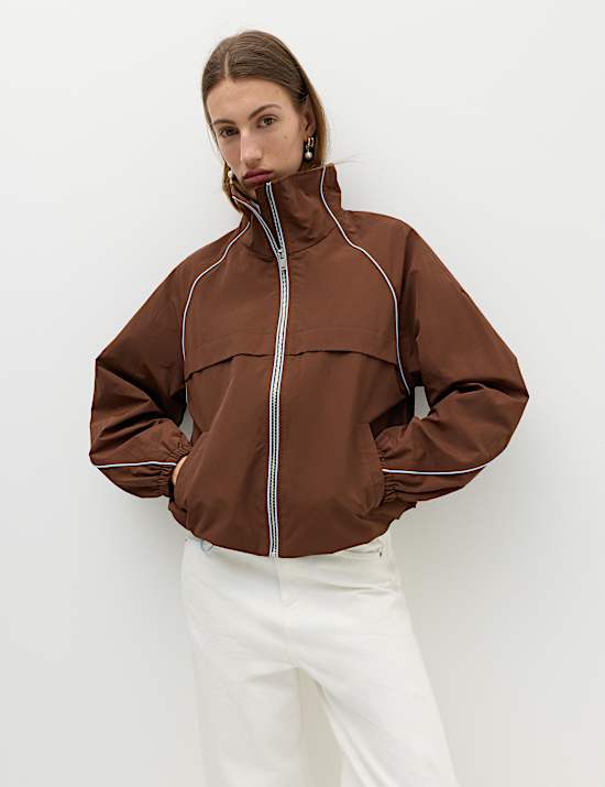 Contrast Piped Funnel Neck Windbreaker Jacket