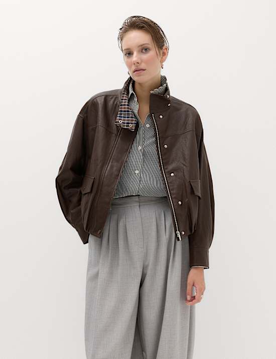 Veste d&rsquo;aviateur en simili cuir carreaux et &agrave; col chemin&eacute;e