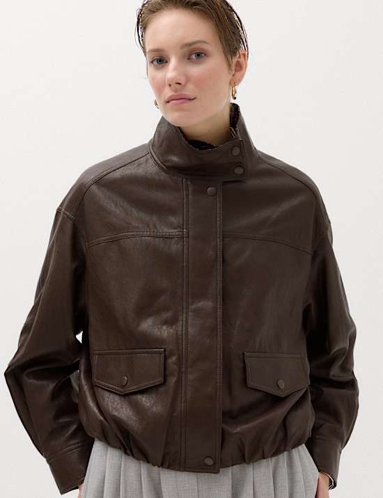 Veste d&rsquo;aviateur en simili cuir carreaux et &agrave; col chemin&eacute;e