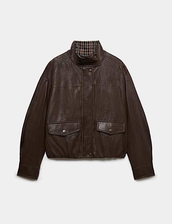 Veste d&rsquo;aviateur en simili cuir carreaux et &agrave; col chemin&eacute;e