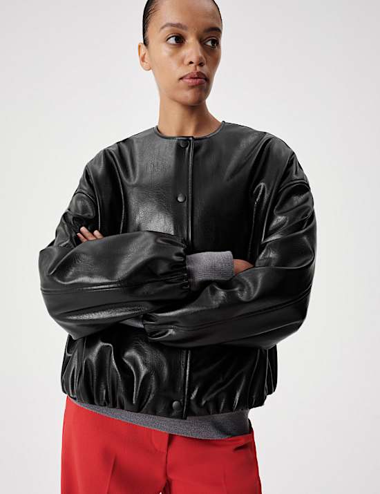 Faux Leather Bubble Hem Bomber Jacket