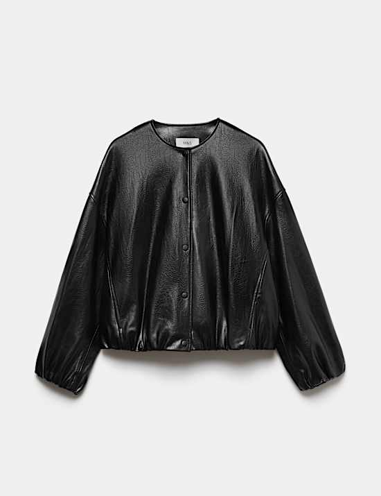 Faux Leather Bubble Hem Bomber Jacket