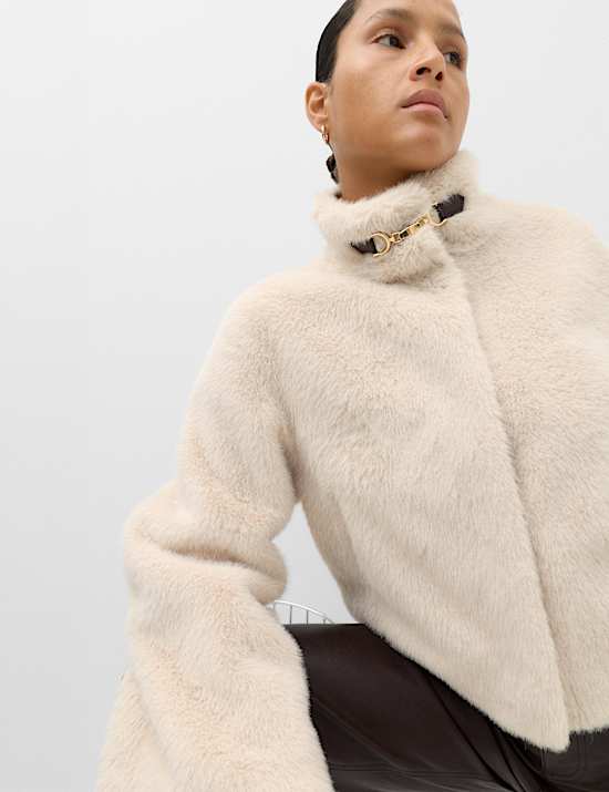 Faux Fur Funnel Neck Cropped Jacket