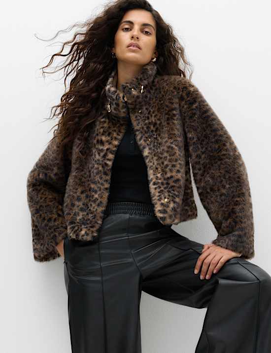 Faux Fur Funnel Neck Cropped Jacket