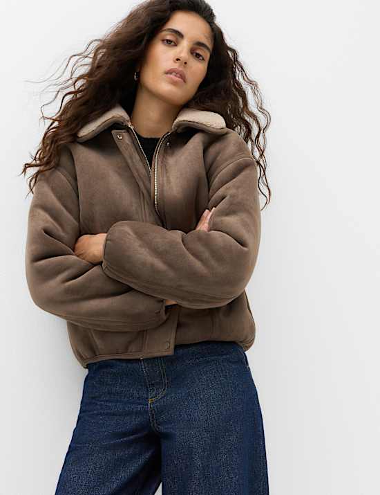 Faux Shearling Zip Up Bomber Jacket
