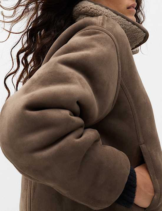 Faux Shearling Zip Up Bomber Jacket
