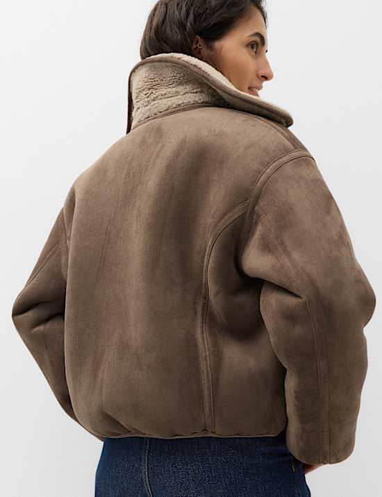 Faux Shearling Zip Up Bomber Jacket