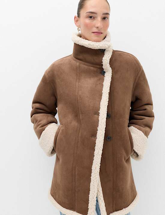 Suedette Shearling Funnel Neck Coat