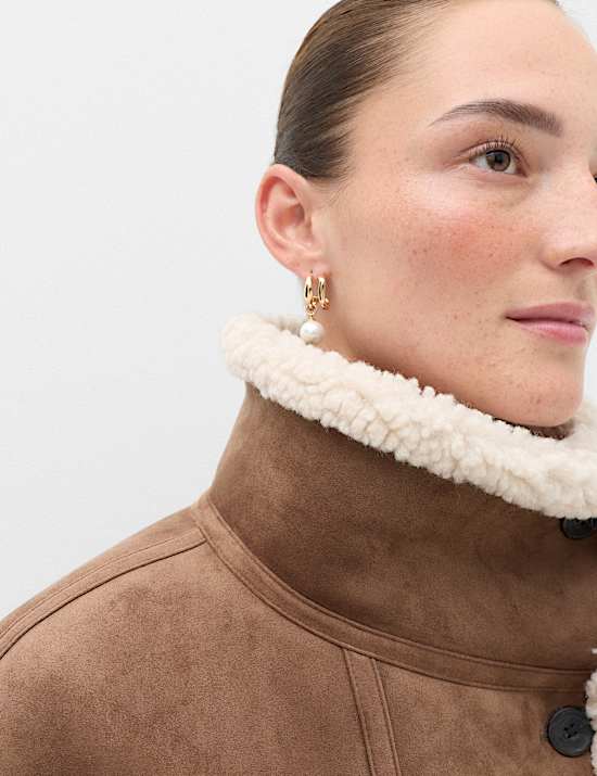 Suedette Shearling Funnel Neck Coat