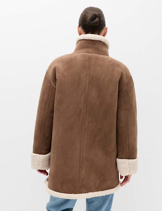 Suedette Shearling Funnel Neck Coat