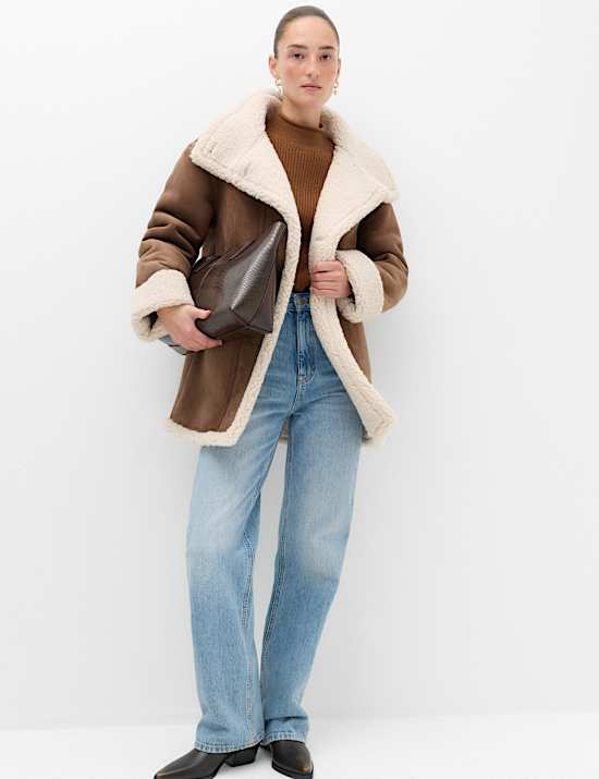 Suedette Shearling Funnel Neck Coat