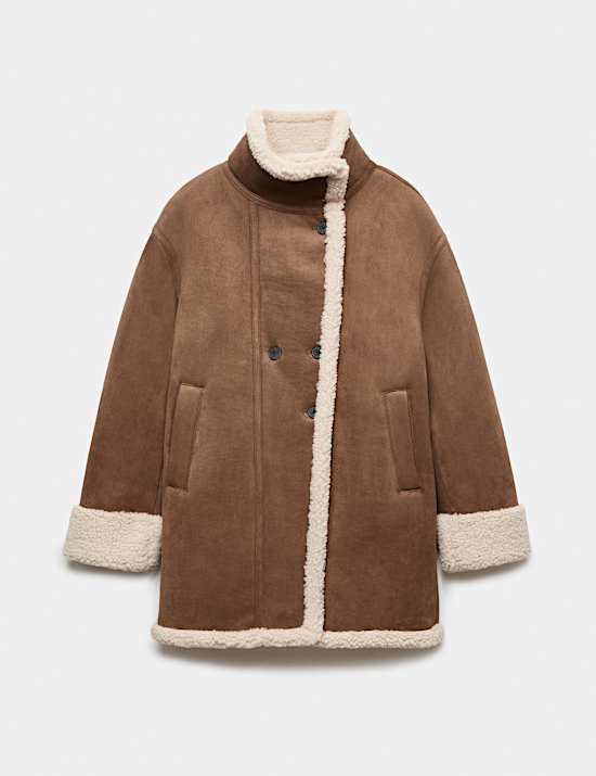 Suedette Shearling Funnel Neck Coat