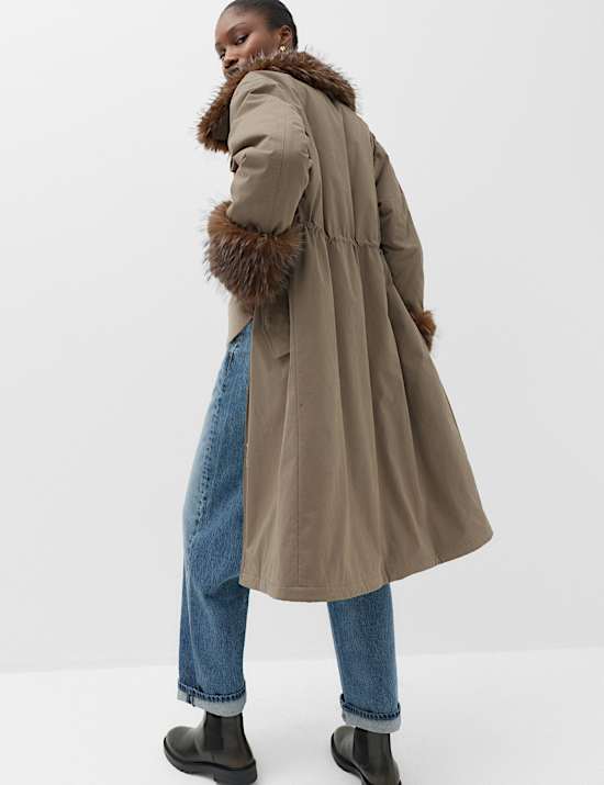 Cotton Rich Faux Fur Trim Longline Parka
