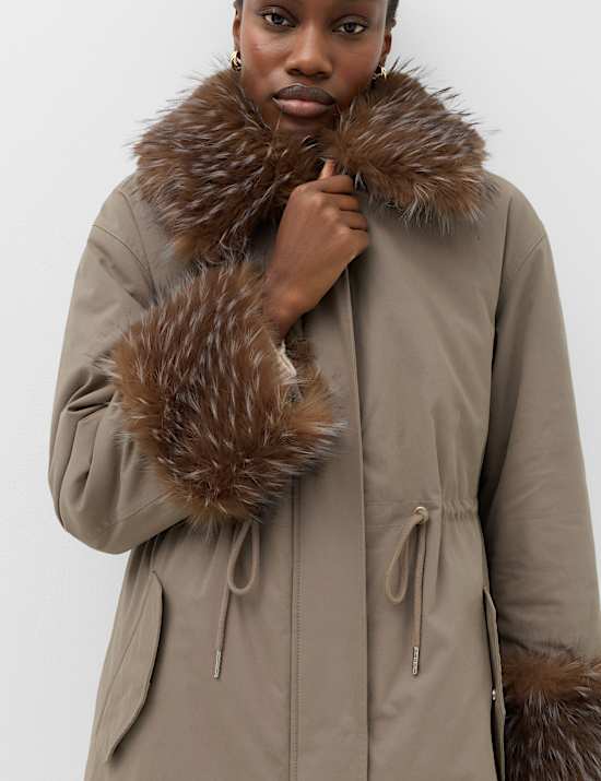 Cotton Rich Faux Fur Trim Longline Parka