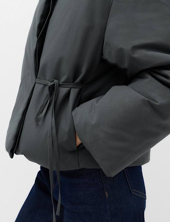 Feather & Down Funnel Neck Short Puffer Jacket