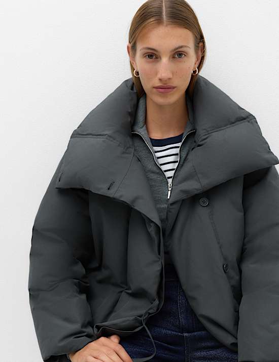 Feather & Down Funnel Neck Short Puffer Jacket