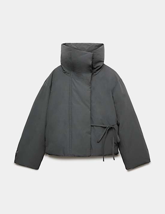 Feather & Down Funnel Neck Short Puffer Jacket