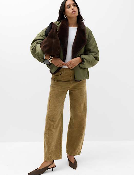Satin Padded Faux Fur Lined Bomber Jacket
