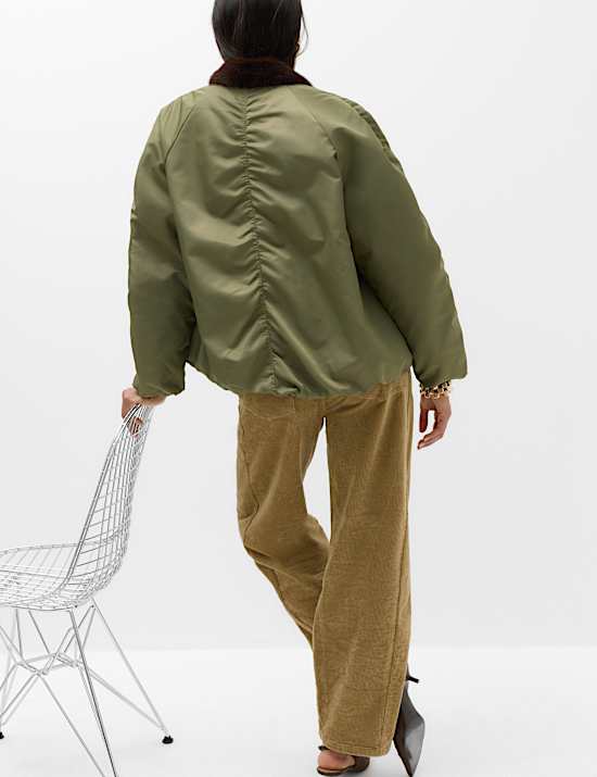 Satin Padded Faux Fur Lined Bomber Jacket