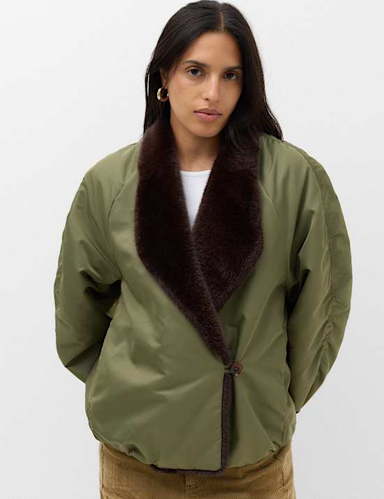 Satin Padded Faux Fur Lined Bomber Jacket