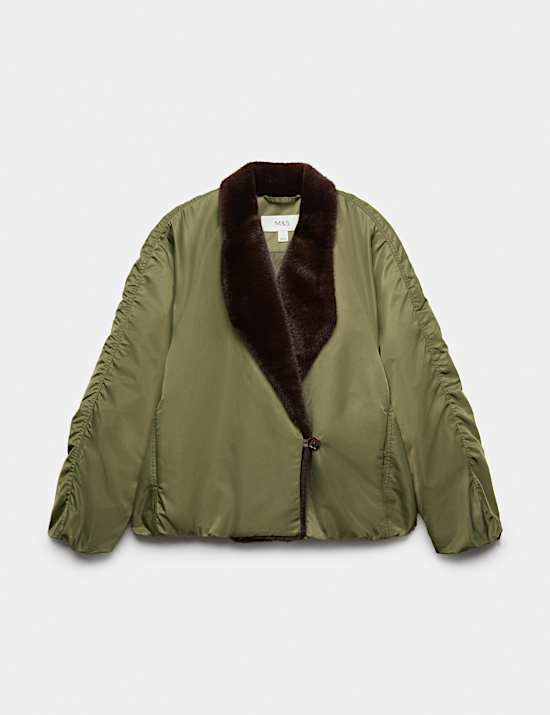 Satin Padded Faux Fur Lined Bomber Jacket